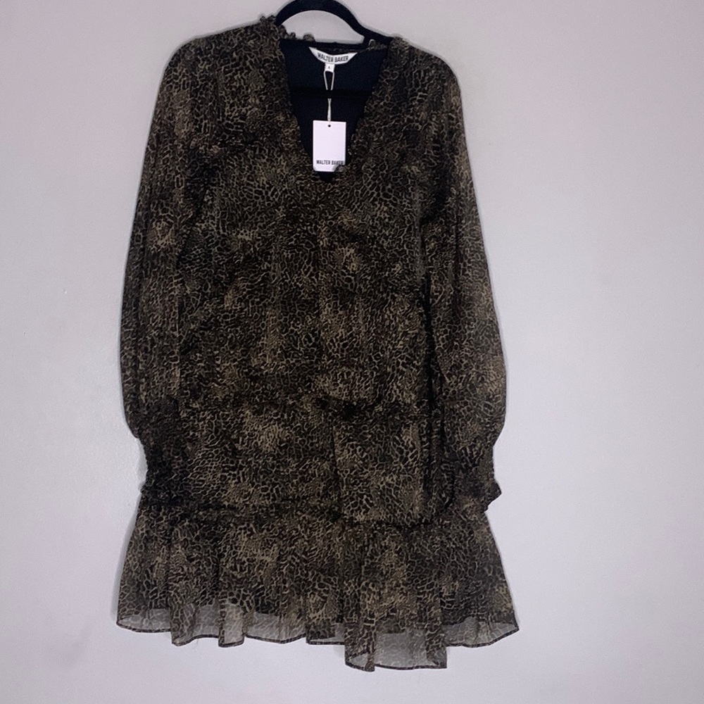Walter Baker long sleeve A-line flowy mini dress animal print large new w tag Lg
